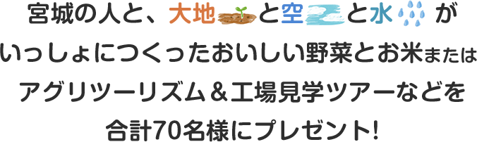 宮城の人と、大地と空と水がいっしょにつくったおいしい野菜とお米またはアグリツーリズム＆工場見学ツアーなどを合計70名様にプレゼント!